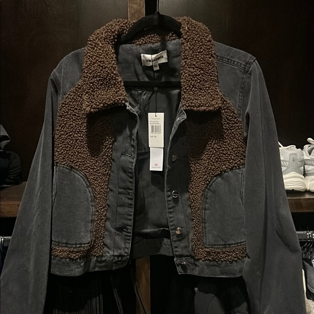Black and Brown Sherpa Denim Jacket